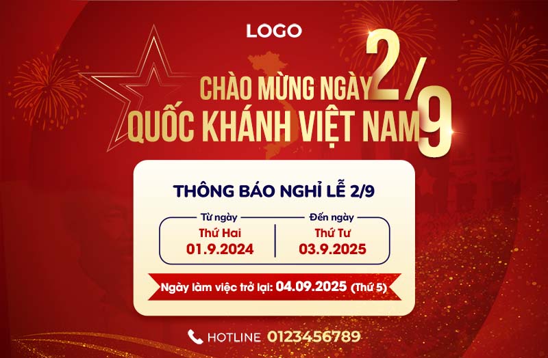 Template Lịch Thông Báo Nghỉ Lễ Quốc Khánh PSD: Mẫu Thiết Kế Trang Trọng, Khổ Ngang 2 Mẫu Template Lịch Thông Báo Nghỉ Lễ Quốc Khánh PSD khổ ngang với tông màu đỏ, ngôi sao vàng, pháo hoa và thông báo nghỉ lễ.