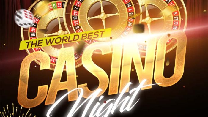 Template Poster Casino Night PSD khổ dọc với bàn xoay roulette, chữ vàng kim "CASINO Night" và pháo hoa.