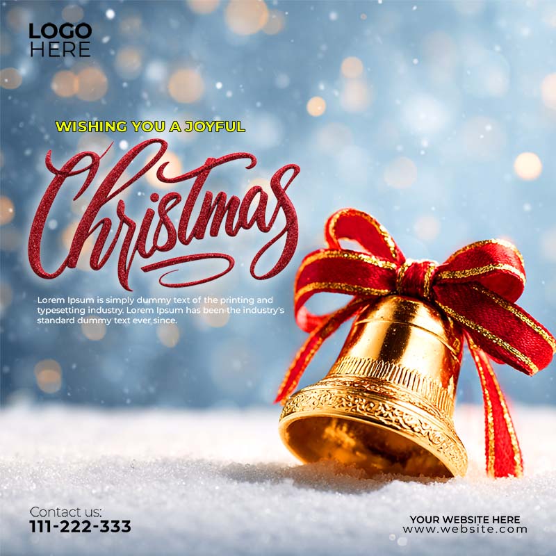 Template Poster Chúc Mừng Giáng Sinh PSD: Chuông Vàng, Nền Tuyết Khổ Vuông Sang Trọng 2 Template Poster Chúc Mừng Giáng Sinh PSD khổ vuông với chuông vàng, nơ đỏ, nền tuyết và chữ "Merry Christmas".