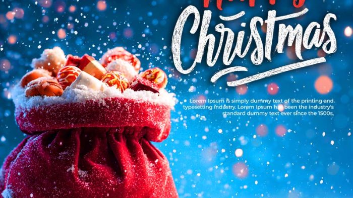 Template Poster Chúc Mừng Giáng Sinh PSD khổ vuông với túi quà Ông Già Noel, kẹo ngọt, nền tuyết và chữ "Happy Christmas".