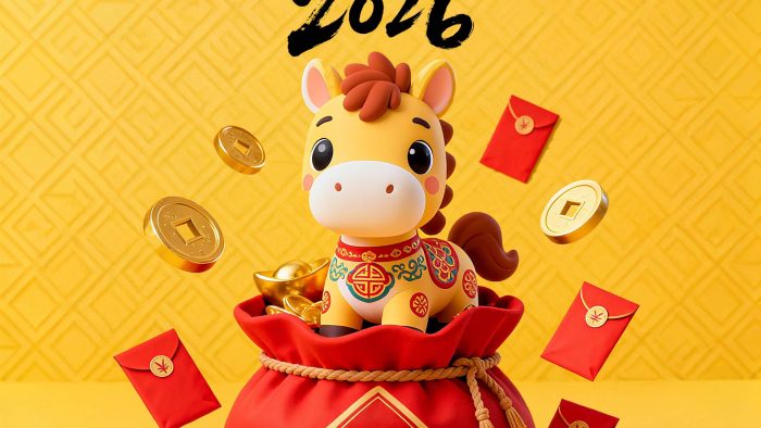 Template Poster Tết PSD phong cách 3D với túi vàng tài lộc, lồng đèn đỏ và linh vật dễ thương trên nền vàng rực rỡ.