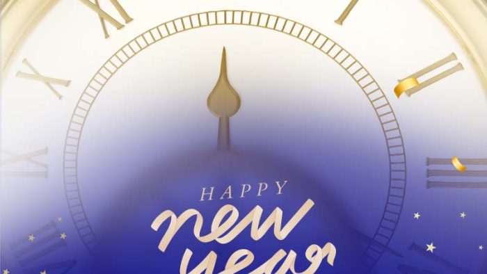 Mẫu Template Poster Chúc Mừng Năm Mới PSD khổ dọc với hình ảnh đồng hồ, pháo hoa và confetti, mang đến không khí lễ hội hiện đại.