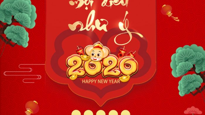 Template Poster Chúc Mừng Năm Mới PSD khổ dọc với phông nền đỏ vàng, chữ thư pháp, hình ảnh em bé và các biểu tượng Tết truyền thống.