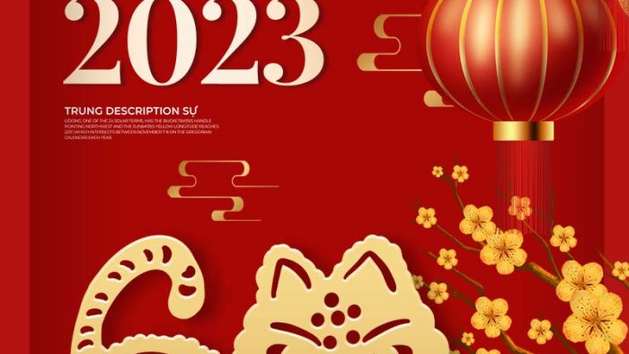 Template Poster Chúc Mừng Năm Mới PSD khổ dọc với linh vật mèo vàng, hoa mai, lồng đèn và phông nền đỏ rực rỡ.