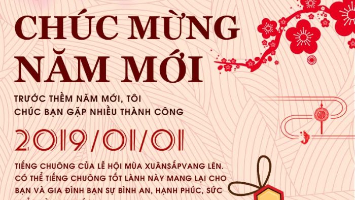 Template Poster Chúc Mừng Năm Mới PSD khổ dọc với chữ "Chúc Mừng Năm Mới", hoa mai đỏ, đèn lồng và pháo hoa.
