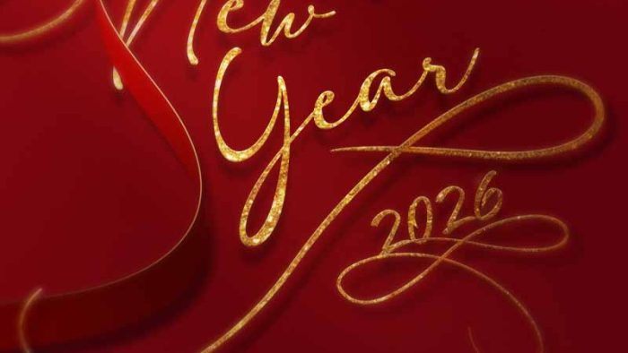 Mẫu Template Poster Chúc Mừng Năm Mới PSD khổ dọc với hình ảnh ruy băng đỏ và chữ Happy New Year vàng kim, mang phong cách sang trọng, tinh tế.