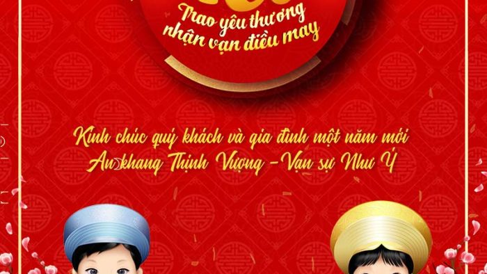 Template Poster Chúc Tết PSD khổ dọc với hình ảnh bé trai bé gái mặc áo dài, hoa mai, lồng đèn và lời chúc Tết.