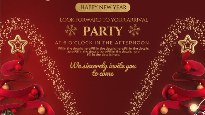 Template Poster Giáng Sinh Party PSD khổ dọc với cây thông dải ruy băng, ánh sáng lấp lánh và chữ "Merry Christmas".
