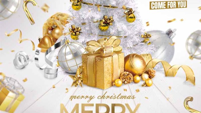 Template Poster Giáng Sinh PSD khổ dọc với cây thông trắng, hộp quà vàng kim và chữ "Merry Christmas Happy New Year".