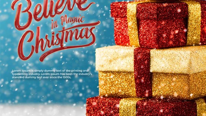 Template Poster Giáng Sinh PSD khổ vuông với hộp quà lấp lánh, nền tuyết và chữ "Believe in Magic Christmas".