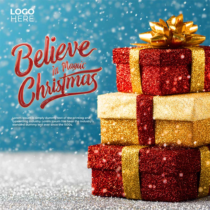 Template Poster Giáng Sinh PSD: Hộp Quà Lấp Lánh, Phép Màu Noel Khổ Vuông 2 Template Poster Giáng Sinh PSD khổ vuông với hộp quà lấp lánh, nền tuyết và chữ "Believe in Magic Christmas".