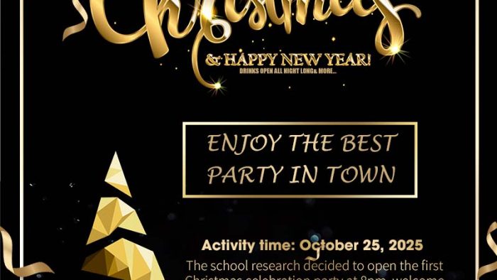 Mẫu Template Poster Giáng Sinh PSD khổ dọc với tông màu đen vàng, dải ruy băng và các bông tuyết lấp lánh.