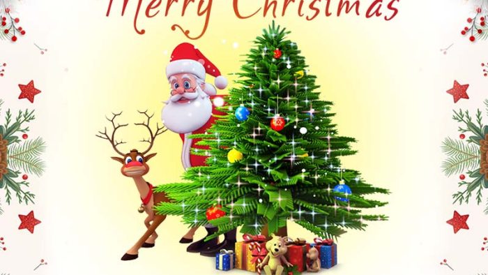 Mẫu Template Poster Giáng Sinh PSD khổ vuông với hình ảnh Ông già Noel, tuần lộc, cây thông và các hộp quà, mang không khí lễ hội vui nhộn.