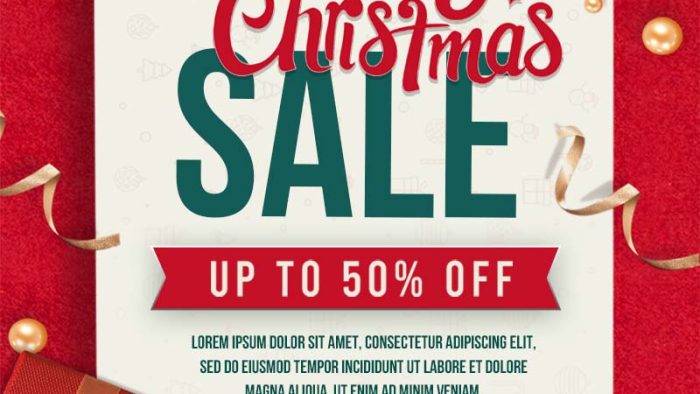 Template Poster Giáng Sinh Sale PSD khổ dọc với chữ "SALE" lớn, Ông Già Noel, làng tuyết và quà tặng.