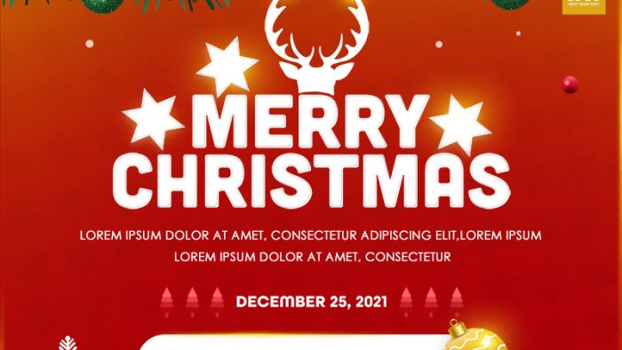 Template Poster Khuyến Mãi Noel PSD khổ dọc với thông điệp "Merry Christmas", giảm giá 50%, cành thông và quả châu.