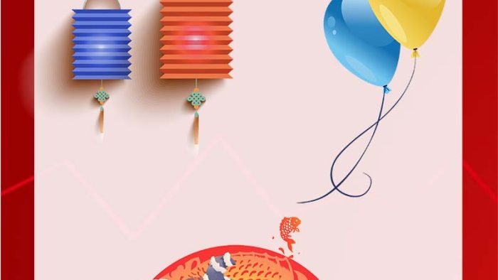 Template Poster Múa Lân PSD với hình ảnh múa lân, đèn lồng và hoa đào