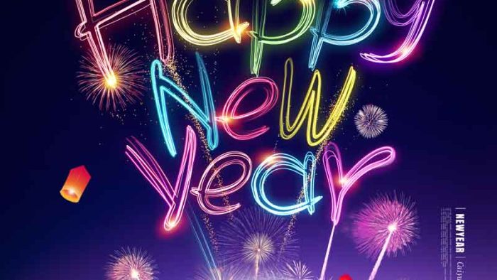 Template Poster Năm Mới PSD khổ dọc với chữ Happy New Year hiệu ứng LED và pháo hoa rực rỡ