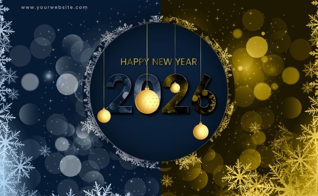 Template Poster Năm Mới PSD khổ ngang với pháo hoa và hiệu ứng ánh sáng lấp lánh