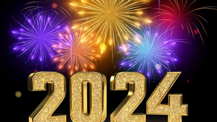 Template Poster Năm Mới PSD khổ vuông với pháo hoa đa sắc, chữ số 3D vàng kim và thông điệp Happy New Year.