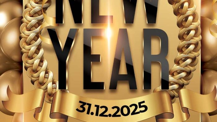 Template Poster Party Năm Mới PSD khổ dọc với chữ "NEW YEAR" lớn, bóng bay và ánh sáng vàng kim.