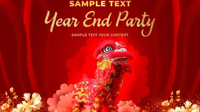 Template Poster Tết Nguyên Đán PSD khổ dọc với Thần Tài, lồng đèn và họa tiết truyền thống