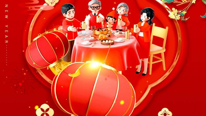 Template Poster Tết Nguyên Đán PSD khổ dọc với gia đình sum vầy và lồng đèn