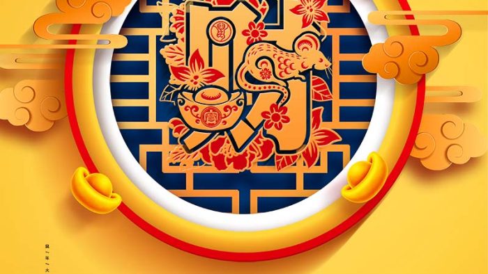 Template Poster Tết Nguyên Đán PSD khổ dọc với linh vật chuột, lồng đèn và họa tiết truyền thống