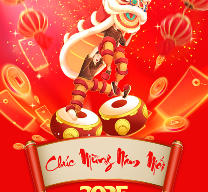 Template Poster Tết Nguyên Đán PSD khổ dọc với múa lân, lồng đèn và pháo hoa