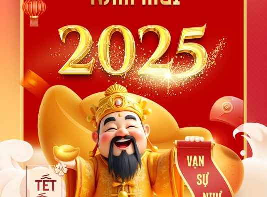 Template Poster Tết Nguyên Đán PSD khổ dọc với Thần Tài, linh vật và pháo hoa