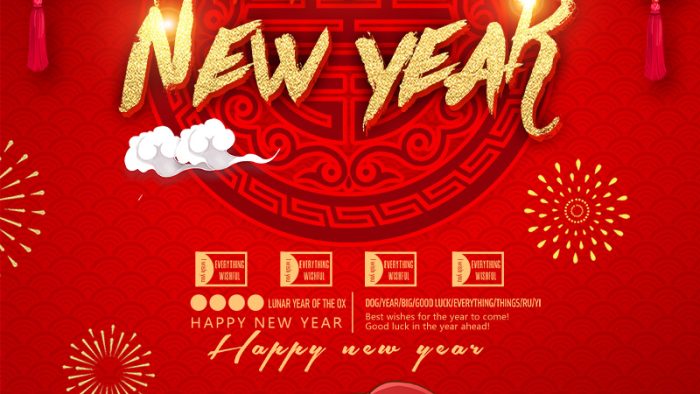 Template Poster Tết Nguyên Đán PSD khổ dọc với Thần Tài, lồng đèn và pháo hoa