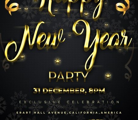 Template Poster Tết Nguyên Đán PSD khổ dọc với thư pháp Happy New Year và đèn lồng