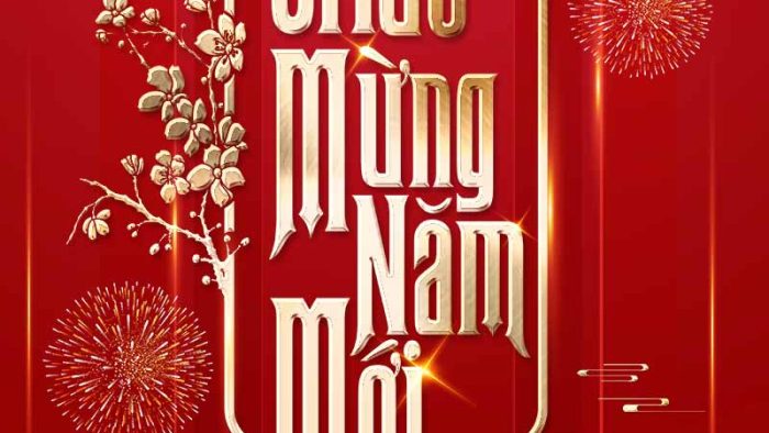 Template Poster Tết Nguyên Đán PSD khổ dọc với thư pháp chúc mừng năm mới và hoa mai