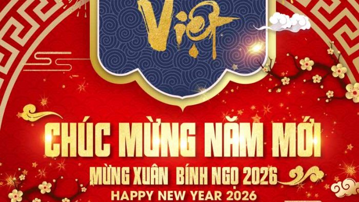 Template Poster Tết Nguyên Đán PSD khổ dọc với thư pháp chúc mừng năm mới, lồng đèn và hoa mai