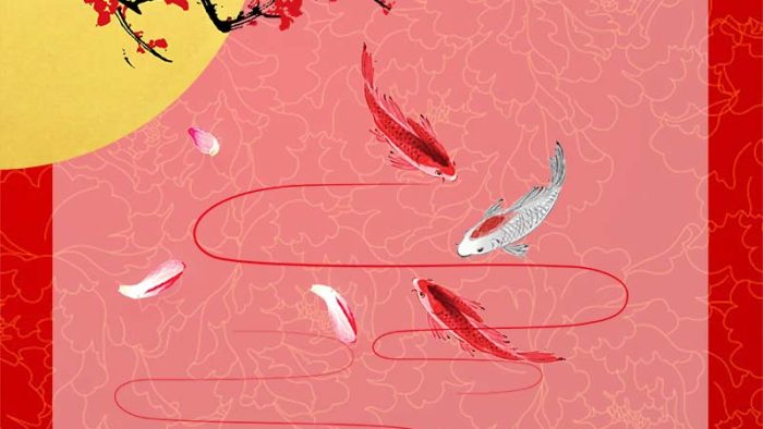 Template Poster Tết PSD đỏ vàng với cá chép và hoa mai