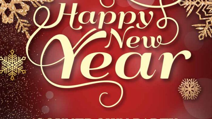 Mẫu Template Poster Tiệc Đếm Ngược PSD khổ dọc với tông màu đỏ, các bông tuyết vàng kim và hiệu ứng lấp lánh.