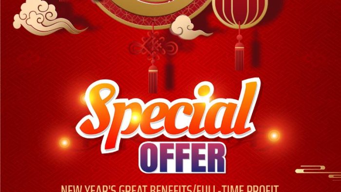 Template Poster Ưu Đãi Năm Mới PSD khổ dọc với linh vật trâu vàng, lồng đèn đỏ và các chi tiết khuyến mãi hấp dẫn.