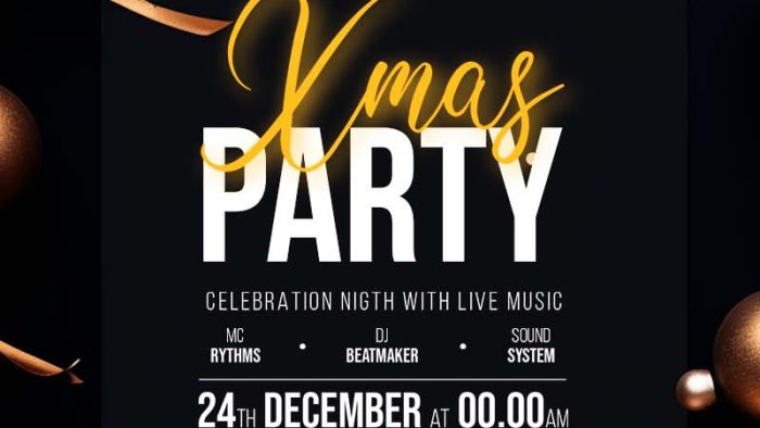 Mẫu Template Poster X'mas Party PSD khổ dọc với tông màu đen vàng, nơ, quả cầu lấp lánh, mang không khí sang trọng.