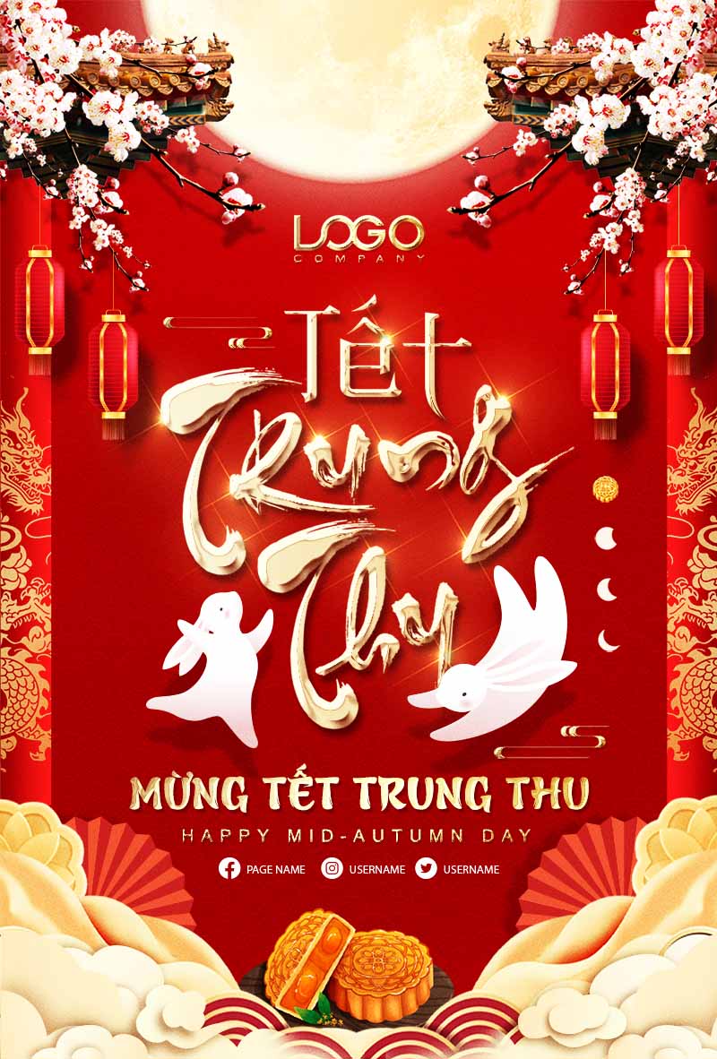 Template PSD Tết Trung Thu: Poster Lễ Hội Sang Trọng & Đẳng Cấp 2 Template PSD Poster Tết Trung Thu với màu đỏ chủ đạo, chữ thư pháp vàng và hình ảnh thỏ ngọc, bánh trung thu