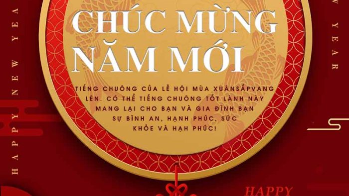 Mẫu Template Thiệp Chúc Tết PSD khổ dọc với phong cách cổ điển, họa tiết cá chép và tông màu đỏ vàng ấm áp.