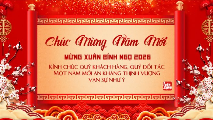 Template Thiệp Chúc Tết PSD khổ ngang với cuộn giấy đỏ vàng, hoa mai trắng, đèn lồng và lời chúc An Khang Thịnh Vượng.