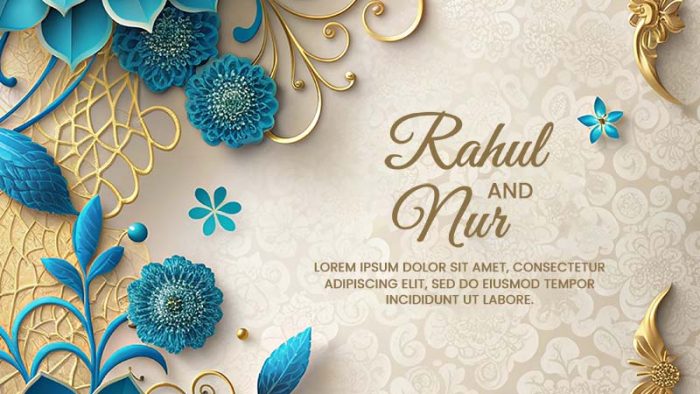 Template Thiệp Cưới PSD khổ dọc với hoa giấy màu xanh, hoa văn vàng kim và phông nền sang trọng.