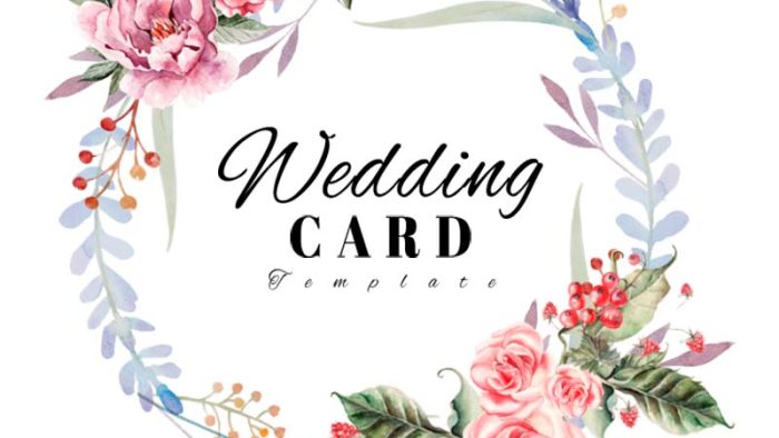Template Thiệp Cưới PSD khổ dọc với vòng hoa watercolor, hoa hồng, hoa lá và lời chúc Happy Wedding.