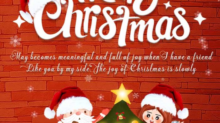 Template Thiệp Giáng Sinh PSD khổ dọc với Ông Già Noel, bé gái, cây thông, phông nền tường gạch và lời chúc Merry Christmas.