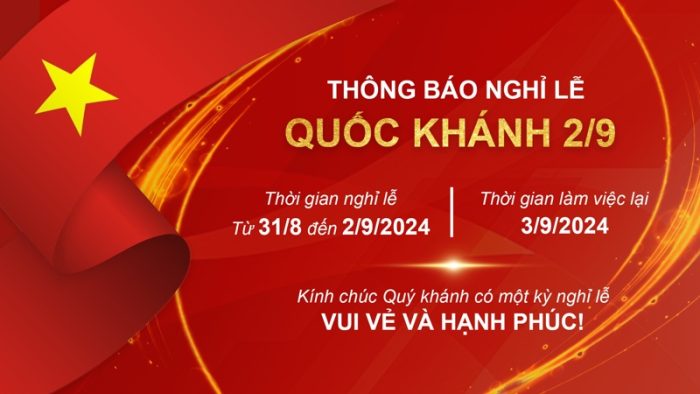 Template Thông Báo Lịch Nghỉ Lễ Quốc Khánh Việt Nam 2/9 PSD với cờ đỏ sao vàng và lịch trình