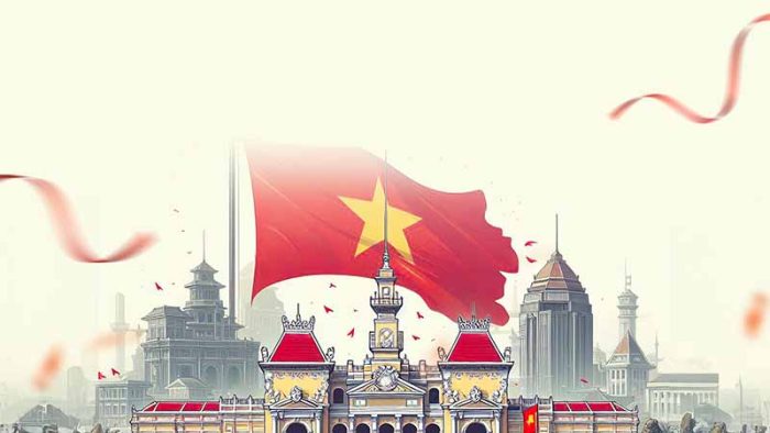 Template Lịch Nghỉ Quốc Khánh 2/9 PSD với biểu tượng Việt Nam và cờ đỏ sao vàng