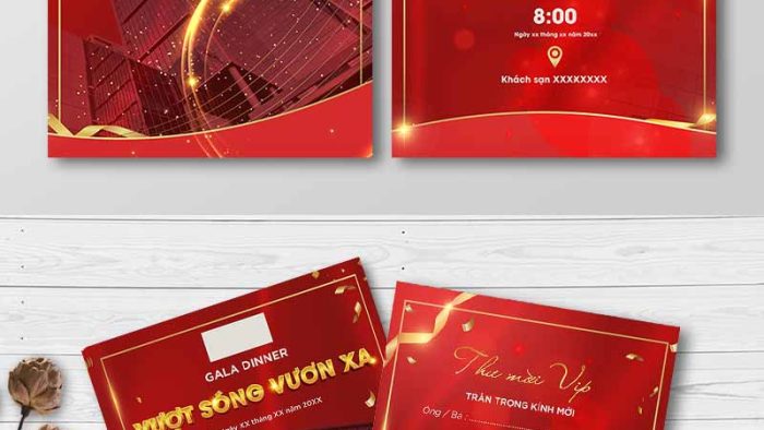 Mẫu Template Thư Mời Gala PSD khổ dọc với tông màu đỏ, dải ruy băng vàng kim và hình ảnh thành phố, mang thông điệp Vượt Sóng Vươn Xa.