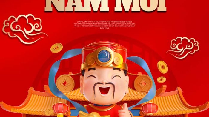 Mẫu Template Thư Chúc Tết PSD khổ dọc với hình ảnh Ông Thần Tài, thỏi vàng và đồng tiền, mang đến may mắn, tài lộc.